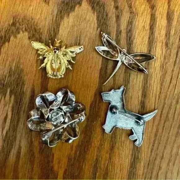 Set Vintage Silver Gold Pearl Hematite Brooch Pins Dragon Fly Westie Bee Flower - Picture 6 of 8